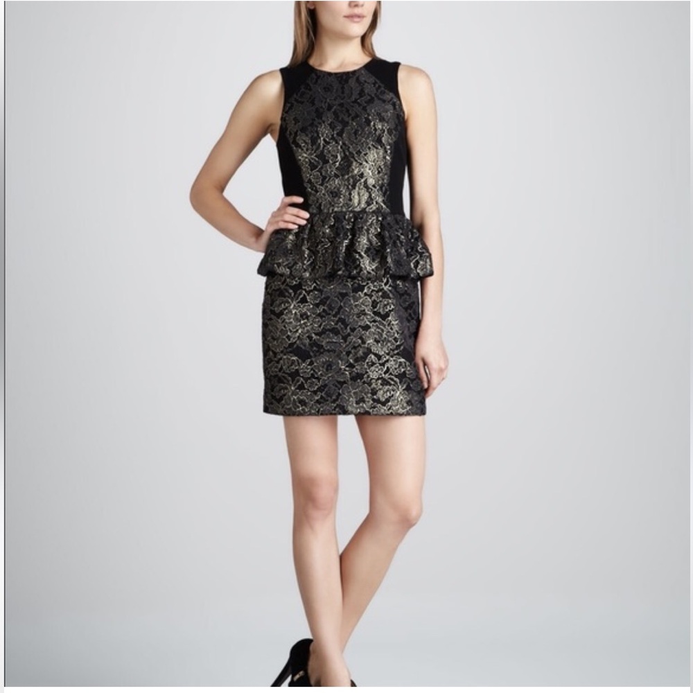Tibi Black & Gold Lace Peplum Dress Sleeveless Party Cocktail Size 4